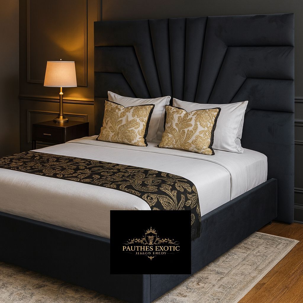 Midnight navy velvet sunburst fan-channel headboard and matching upholstered base styled in a dark luxury bedroom with gold accents