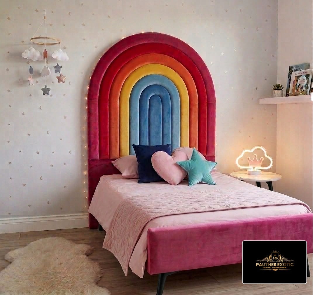 Rainbow arch kids headboard in multi-colour velvet with pink upholstered base styled in a whimsical children's bedroom