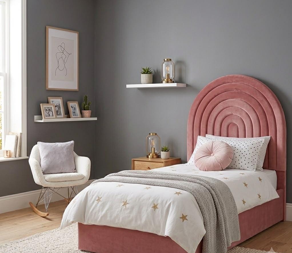Kids Rainbow Arch Headboard in dusty rose pink velvet with concentric arch design in a modern children's bedroom