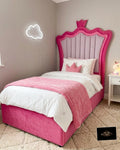 Kids Princess Crown Headboard in fuchsia and blush pink velvet with crown topper in a girls bedroom