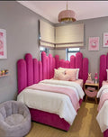 Kids Petal Headboard in fuchsia pink velvet with scalloped design in a girls bedroom