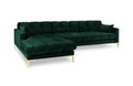 Emerald green velvet button-tufted L-shape lounge with gold legs and scatter cushions