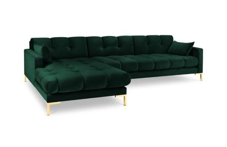 Emerald green velvet button-tufted L-shape lounge with gold legs and scatter cushions