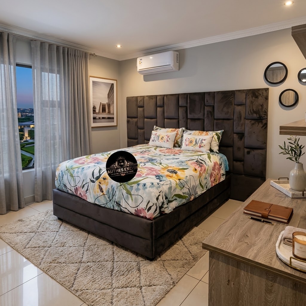 Charcoal button-tufted headboard and matching upholstered base styled in a modern bedroom with floral bedding